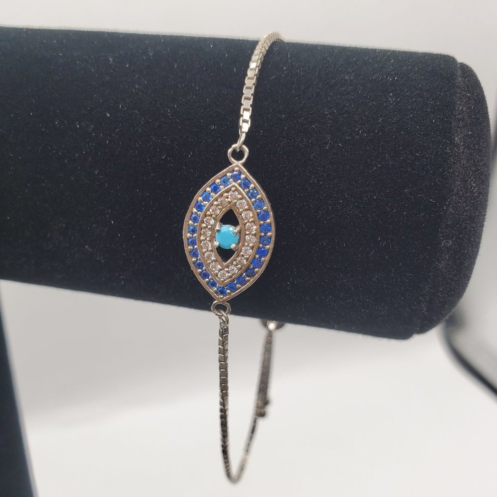 STERLING SILVER DIAMOND SAPPHIRE and TURQUOISE EVIL EYE BRACELET (VIDEO)